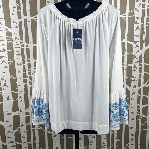 Chaps NEW $49 Tropic Bay Boho Off Shoulder Embroidered Bell Sleeve Top M - Picture 3 of 8